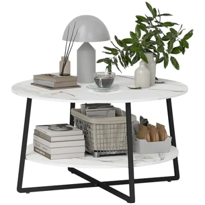 Image of HOMCOM 2 Tier Round Coffee Table with Storage Shelf, Living Room Marble Effect Top and Steel Frame, White