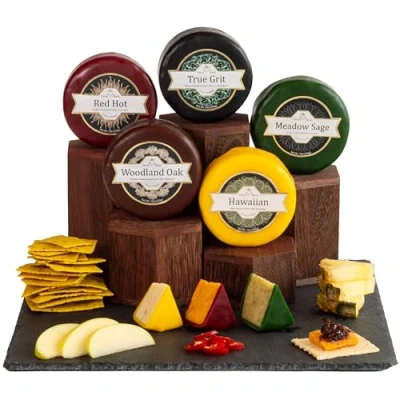 Image of InterCheese 5 Cheese Truckle Hamper Gift Selection Artisan Truckles of Mature and Oak Smoked Cheddar, Wensleydale, Derby Double Gloucester Cheeses sent nestled in Wood Wool