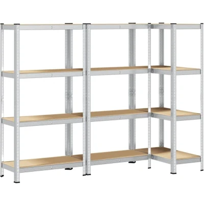 Image of vidaXL 4 Layer Storage Shelves Silver Steel &amp; Engineered Wood Rack, Adjustable Boltless Design, Garage/Office/Workshop Use, 80kg per Shelf
