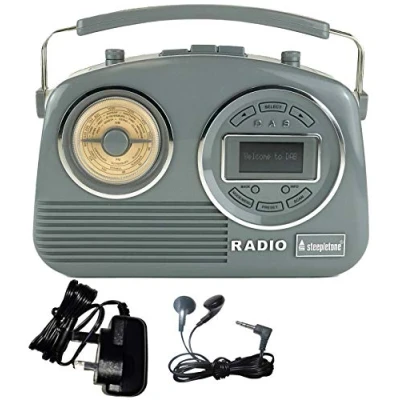 Image of Nostalgic Retro Digital Radio, DAB, FM, AM (MW). Smart Phone Input (Speaker). 1950/60s Design, Modern Functions, Large FRONT Panel LCD Display, Electric/Batteries, Inc Earphones. Pastel Grey