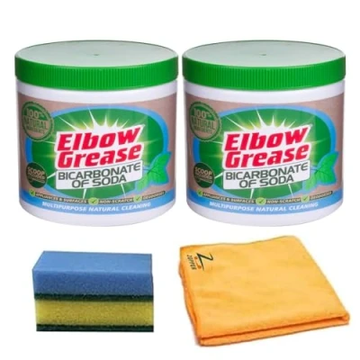 Image of Elbow Grease Bicarbonate of Soda 500g 2Pk and 1 Microfiber Cloth &amp; Cleaning Sponge, Natural Multipurpose Powder for Laundry, Kitchen, Appliances Surfaces Non Scratch
