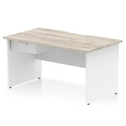 Image of Impulse 1400 x 800mm Scalloped Edge Straight Office Desk Grey Oak Top White Panel End Leg Workstation 1 Drawer Fixed Pedestal
