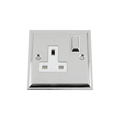 Image of Wall Socket 1 Gang Polished Chrome Victorian White Insert Metal Rocker Switch 13A Single Plug
