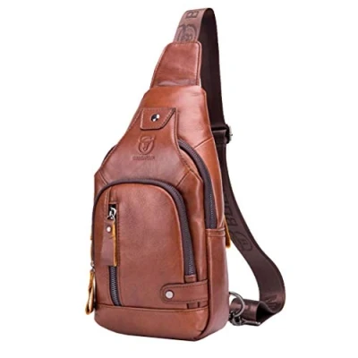 Image of Hebetag Leather Sling Bag Hiking Daypack for Men Women Outdoor Travel Camping Fishing Crossbody Shoulder Chest Pack Backpack Brown