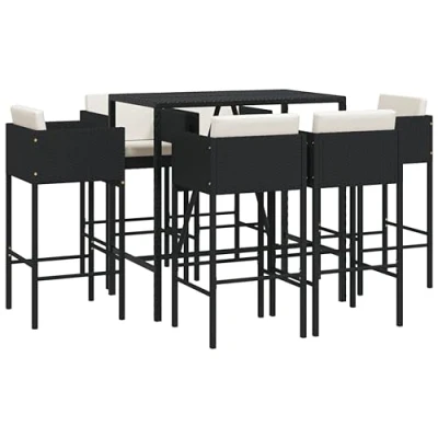 Image of vidaXL 7 Piece Garden Bar Set with Cushions Black Poly Rattan Outdoor Patio Furniture, Tempered Glass Tabletop and Weather resistant PE Rattan, Comfortable cushioned seating