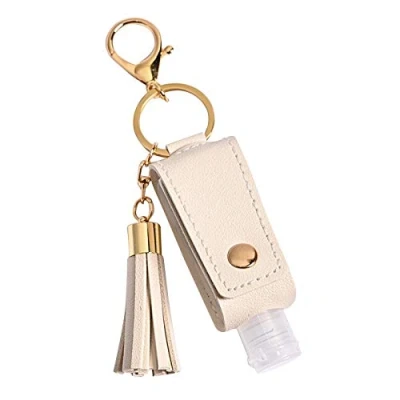 Image of Travel Bottles Keychain Holder 30ML Empty Squeeze Hand Sanitizer Carrier Leather Refillable Container with Tassel Beige