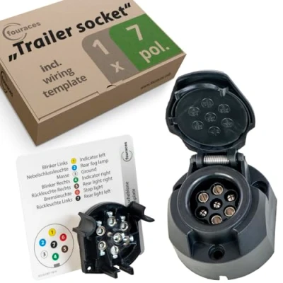 Image of fouraces trailer socket 7 pin, template for pin plug cars, vehicles, hitch, accessories, car towbar, caravan, boat and motorcycle trailer, black