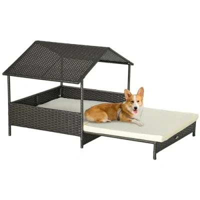 Image of PawHut Rattan Dog House, Extendable Outdoor Wicker Bed w/Water Resistant Roof, Removable Cushion, for Small and Medium Dogs Cream White