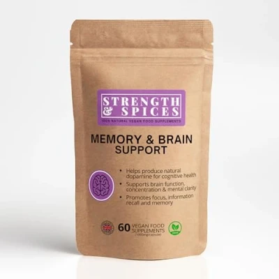 Image of Strength &amp; Spices Memory Booster and Focus Supplement with Ginkgo Biloba 22 Super Ingredients, Plant Based Brain for Improved Mood, Clarity, Alertness, 1000mg, 60 Capsules, Refill