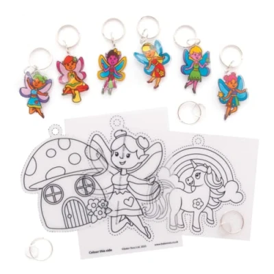 Image of Baker Ross AX925 Fairy Super Shrink Keyrings Pack of 8, Make Your Own Key Rings for Kids to Colour in, and Display, Art Keyrings, Black