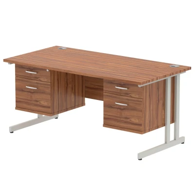 Image of Impulse 1600x800 Desk Walnut Silver Cantilever Leg + 2x Fixed Pedestal