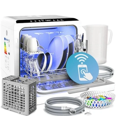 Image of MONZANA® Tabletop Dishwasher with 4.5Litre Water Tank No Connection Needed WiFi App 6 Programs 3 Place Settings Small 45cm Mini Single Dish Washer