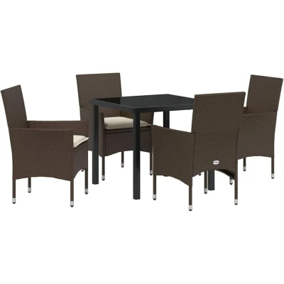 Image of vidaXL 5 Piece Garden Dining Set with Cushions Brown Poly Rattan
