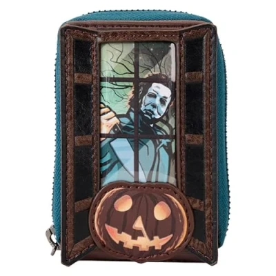 Image of Loungefly Halloween Michael Myers Pumpkin Glow Accordion Zip Around Wallet, Black, Accordian Wallet