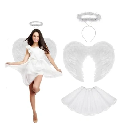 Image of Lizzy Angel Devil Fairy Feather Wings Halo Fancy Dress Costume Outfit Adult Hen Party (Full Set White)