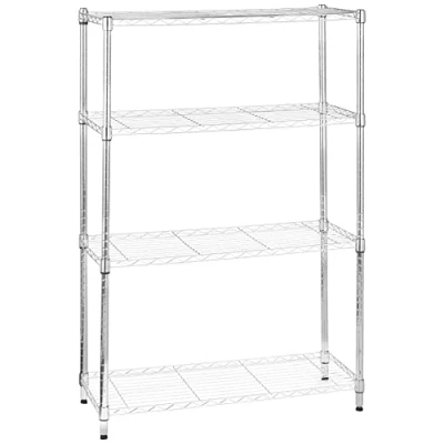 Image of Amazon Basics 4 Shelf Storage Unit With Height Adjustable Shelves and Levelling Feet, 640kg Max Weight, Chrome, 35.6 cm D x 91.4 W 137.1 H