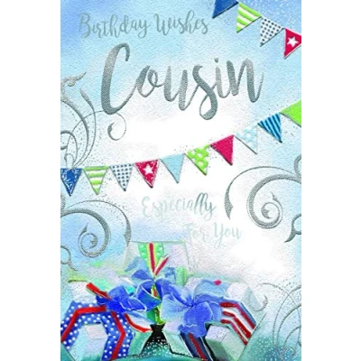 Image of Male Cousin Presents &amp; Bunting Design Happy Birthday Card Lovely Verse