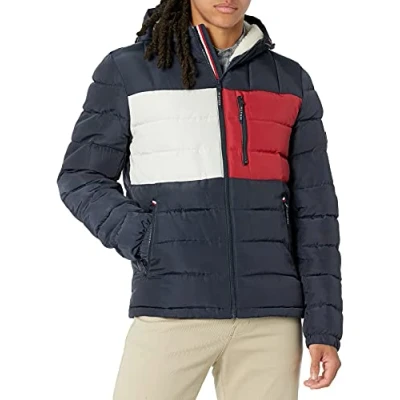 Image of Tommy Hilfiger Men&#039;s Midweight Sherpa Lined Hooded Water Resistant Puffer Jacket, Flag Combo Tech, S