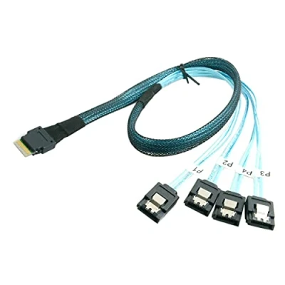 Image of Cablecc Slim Line SAS 4.0 SFF 8654 4i 38pin Host to 4 SATA 7pin Target Hard Disk Fanout Raid Cable 50cm