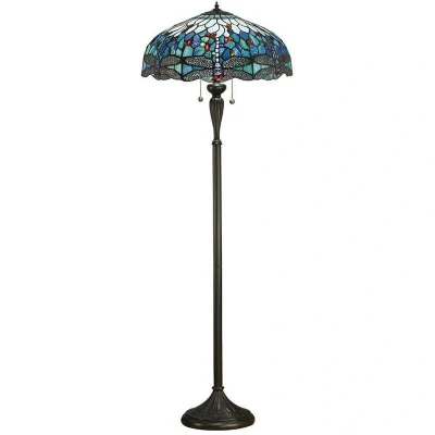 Image of Dragonfly 2 Light Floor Lamp Dark Bronze, Blue, Tiffany Style Glass, E27