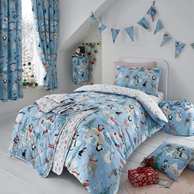 Image of Happy Linen Company Girls Boys Kids Festive Arctic Snow Friends Blue Single Reversible Duvet Cover Bedding Set