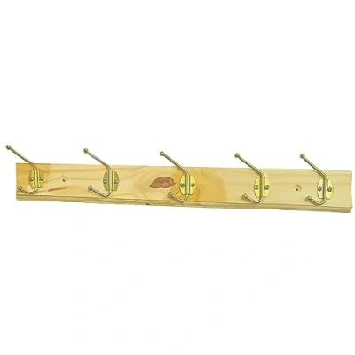 Image of Lizzy Wall Mounted Coat Hanger 5 Double Metal Hooks Wooden Board Hook Rack Pack of 1 (Natural Pine Wood)