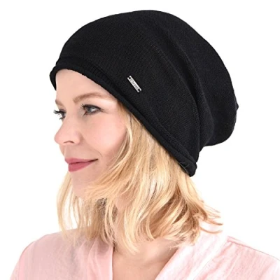 Image of Casualbox 100% Silk Beanie Natural Chemo Hat Sensitive Skin Oversized Slouchy Black(Size: One Size)