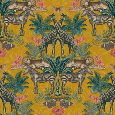 Image of Mustard Yellow Animal Floral Vinyl Textured Matte Finish Wallpaper Slightly Imperfect Zebras Leopards and Giraffes Paste The Wall, Tropical Plants Flowers for any room (Full Roll)