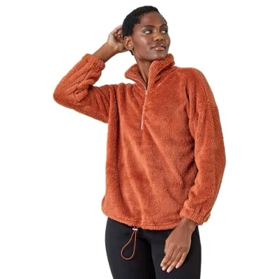Image of Roman Originals Half Zip Sherpa Fleece Sweatshirt for Women UK Ladies Everyday Autumn Winter High Neckline Comfy Soft Evening Vacation Work Party Night Out Rust Size S