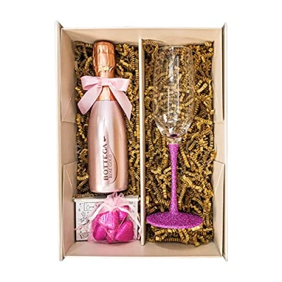 Image of Bottega Rose Gold Spumante Sparkling Wine 20cl Gift Set With Matching Pink Glass Flute And Chocolates Fully Boxed Hamper Gifts for Women/Her (Sparkling Stem)
