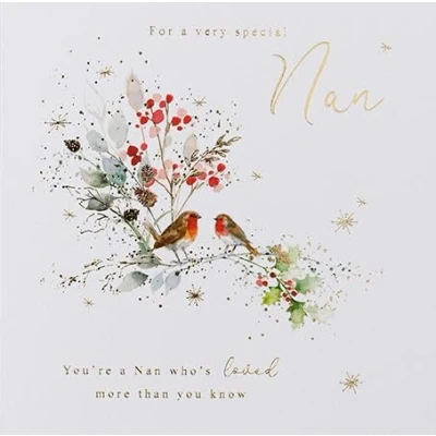 Image of Paperlink Special Nan Christmas Card Watercolour Robins and Berry Garland with Foil Details Eco Friendly Recyclable