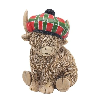 Image of Widdle Gifts Reflections Bronze Resin Animal Ornament 12cm Highland Cow With Tartan Hat 6587