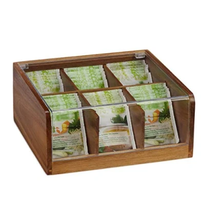 Image of Relaxdays 10027602 Wooden Tea Box, 6 Compartments, for 90 Teabags, Hinged Lid, Flavour Preserving, HxWxD 9.5x22x20.5 cm, Natural, Wood, PP