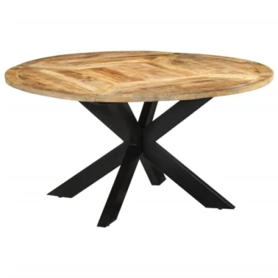 Image of vidaXL Round Dining Table Solid Mango Wood with Black Iron Frame 150 cm Diameter for Living Room/Kitchen Modern Industrial Furniture Unique Grains