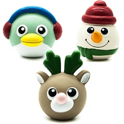 Image of 2 X Festive Squeaky Dog toys LATEX Chew Interactive for Boredom Standing Rolling Gifts Reindeer Penguin Snowman Teething Puppy Fetch Pet (2x Assorted)