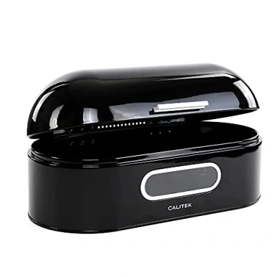 Image of Calitek Retro Bread Bin Storage Box Round Top Kitchen Counter Loaf Pastries Baked Goods Container Coated Carbon Steel (Black)