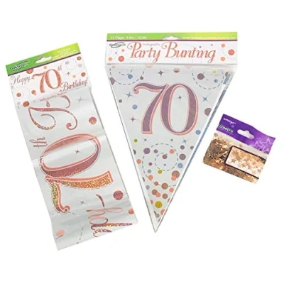 Image of 70th Birthday Decoration Kit Age 70 Decorations Banner Bunting Confetti Rose Gold FANCYDRESSCOZ FDC Him Her Men Women
