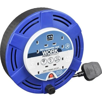 Image of Masterplug Four Socket Cassette Cable Reel, 8 Metres, Blue