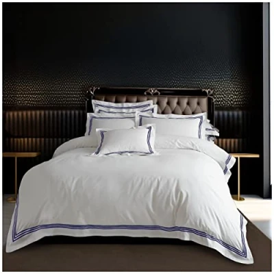 Image of Luxury Bordered Striped Duvet Covers, Embroidered Bedding Sets King Size, Warm Bed Cover, White/Navy