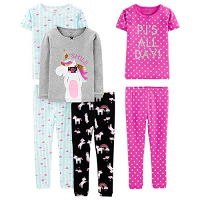 Image of Simple Joys by Carter&#039;s Girl&#039;s 6 Piece Snug Fit Cotton Pajama Set, Black Unicorn/Blue Tortoise/Grey Heather/Pink Polka Dot, 3 Years (Pack of 3)