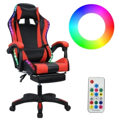 Image of cadciehe Gaming Chair with Bluetooth compatible Speakers and RGB LED Lights, Ergonomic Massage Computer Height Adjustable Video Game High Back Lumbar Support Black &amp; Red