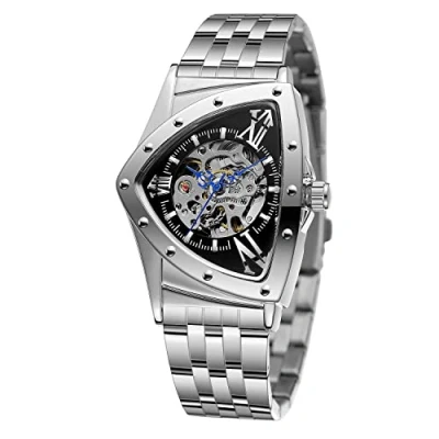 Image of FORSINING Men&#039;s Watch 30M Waterproof Skeleton Hollow Automatic Dazzling Retro Triangle Wrist (Silver and Black)