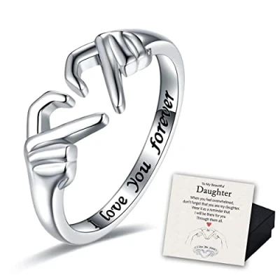Image of oos To My Beautiful Daughter I Love You Forever Ring, S925 Sterling Hand Heart Ring for Daughter, Adjustable Friendship Promise Jewelry Gifts Women Teen Girls (Silver)