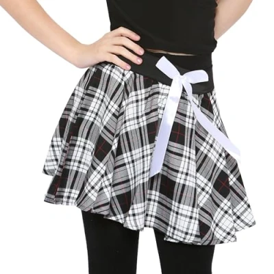 Image of Crazy Chick Girls Circular Kids Tartan Skirt Check Bow Detail Dance Mini Skirts Size 5 10 Years (Black/White)