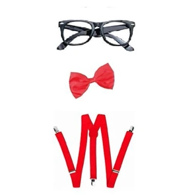 Image of Nerd Bow Tie, Braces and Geek Glasses Kit Fancy Dress (Red)
