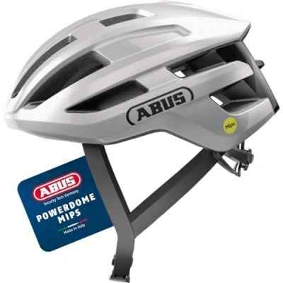 Image of ABUS PowerDome MIPS road bike helmet lightweight with clever ventilation system and impact protection Made in Italy for men women silver, size L