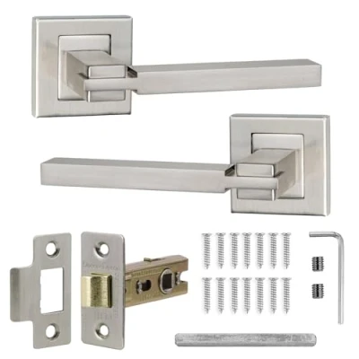 Image of Decoranddecor Alloy Door Lever Handle Set Black on Square Rose Latch Kit (Brushed Chrome)