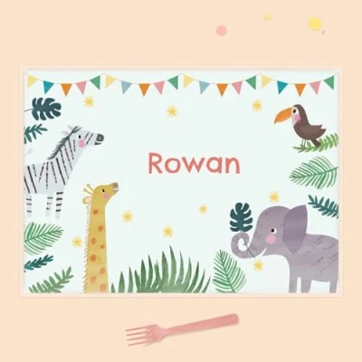Image of dotty about paper Personalised kids Placemat Jungle Animals. Dinner Table Mat, Children, Wipeable placemat, Cute, Bright, Colourful, Dinnertime, Fun Design, Durable.