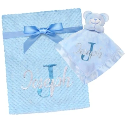 Image of TeddyT&#039;s Personalised Baby Boy Initial Blue Embroidered Luxury Waffle Blanket and Comforter Gift Set
