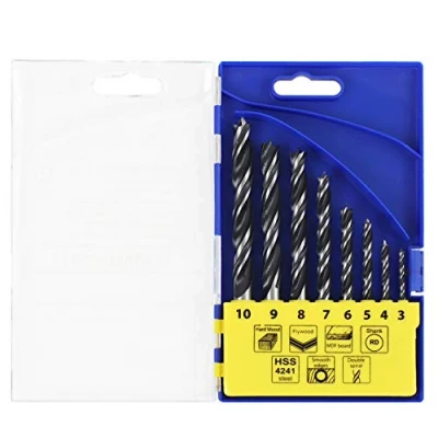 Image of S&amp;R Wood drill bit Set 8 Pieces : 3,4,5,6,7,8,9,10 mm in plastic box, HSS with special Daubel spiral, optimised tip